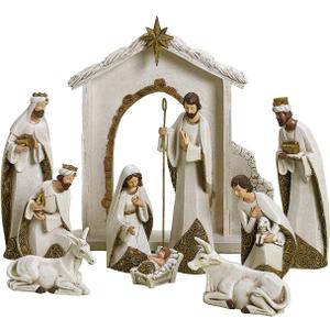 Ivory and Gold Christmas Nativity 10 Piece Set Holiday Decoration New 31379