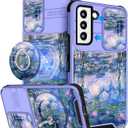 Buleens for Samsung Galaxy S22 Case - with Ring Stand & Camera Cover Aesthetic Cute Designed Women Girls Girly Pretty Blue Water Lily for Galaxy S22 Phone Case Compatible with Magsafe 6.1"