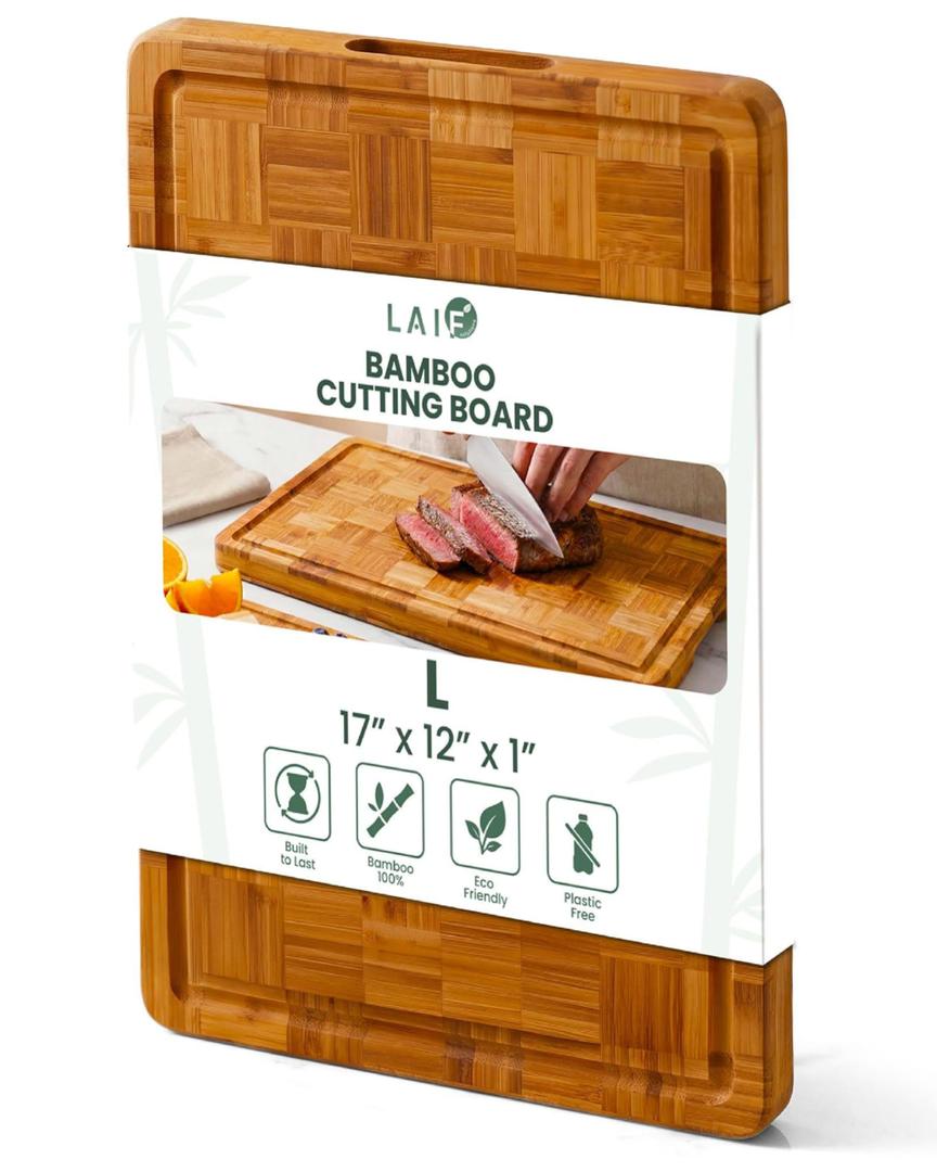 LAIFsolutions Wood Cutting Boards for Kitchen with Juice Groove, Eco-Friendly Wooden Bamboo Chopping board, Food-Safe, Non Plastic Tabla Para, Carbonized Butcher Block for Meat, Veggies Fruits, 3-Set