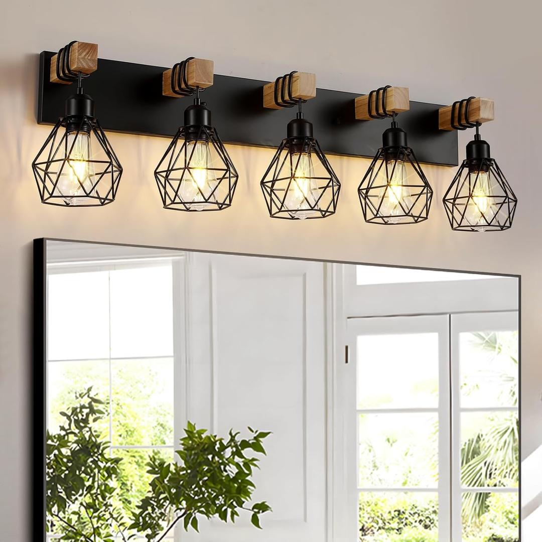 Farmhouse Vanity Light for Bathroom, 5-Light Wood Bathroom Vanity Light Fixtures Over Mirror, Rustic Sconces Wall Lighting with Metal Lampshade for Living Room, Bedroom, Hallway (Black)