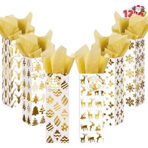 JOYIN 12 PCS Christmas Wine Bottle Bags Gold Foil with Tissue Paper and Name Tags 6 Print Designs for Winter Holiday Xmas Gift Party Favor Decoration, Liquor Lovers and Drinkers Gift Presents