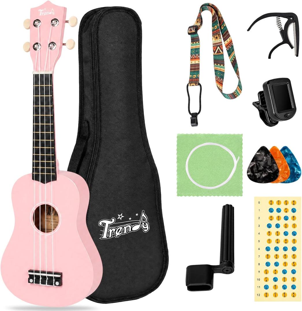 Trendy Soprano 21inch Ukulele Pink Beginner Kit Carrying Bag Tuner Strap Sqare String Fingerboard Stickers Ukulele For Beginners Adult Student Nylon String Guitar Ukelele Ukalele