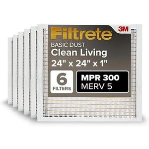 Filtrete 24x24x1 Air Filter, MPR 300, MERV 5, Clean Living Basic Dust 3-Month Pleated 1-Inch Air Filters, 6 Filters