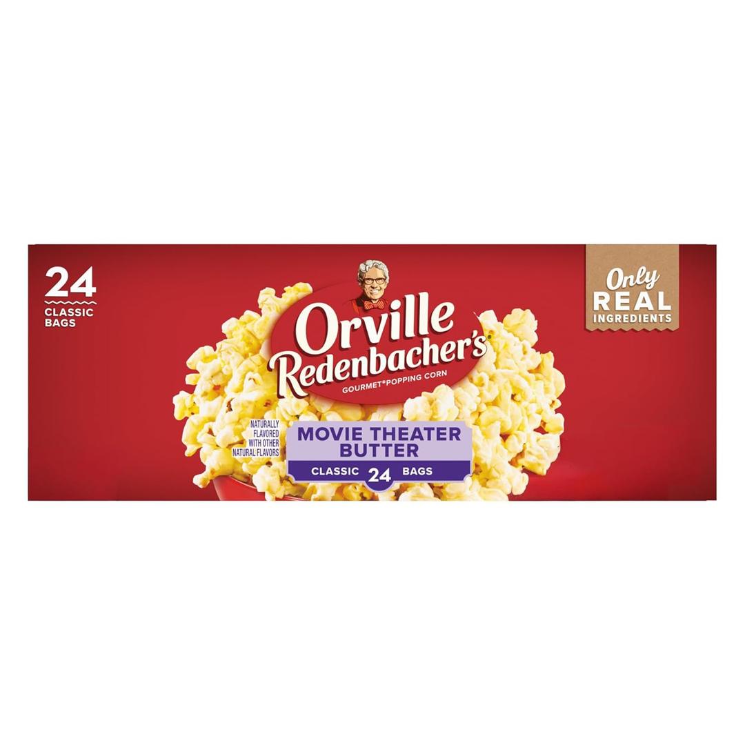 Orville Redenbachers Microwave Popcorn, Movie Theater Butter Flavor, 3g Fiber Per Serving, Movie Night Supplies, 3.29 oz., 24-Count