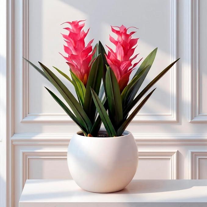 2Pcs Artificial Bromeliad Plants, 18" Fake Hawaiian Ginger Flower,Large Real Touch Faux Tropical Flowers, Lifelike Exotic House Plants for Home Office Indoor Decoration (Pink)