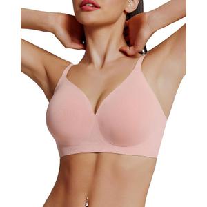 HORISUN Womens Seamless Wireless Supportive Bra Push Up Comfort V Neck Soft No Underwire Full Coverage Bra (Pink,S)