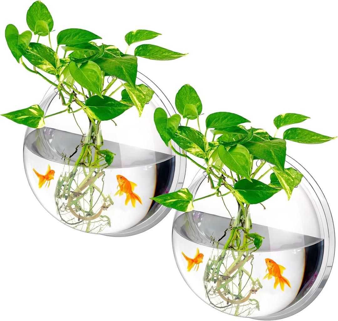 Ziliny 2 Pcs Hanging Wall 1 Gallon Fish Bowls Acrylic Clear Wall Fish Tank for Beta Aquariums Mounted Plant Bubbl Ecosphere Decor