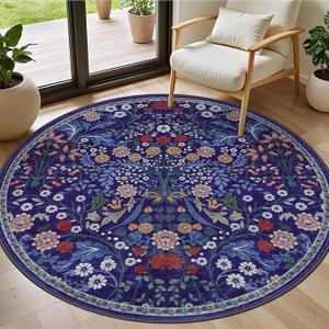 Round Area Rug for Living Room: 4 ft Floral Washable Circle Rug Soft Boho Non-Slip Carpet Indoor Stain Resistant Low Pile Small Circular Rug for Bedroom Entryway Kitchen Nursery Home Office Blue