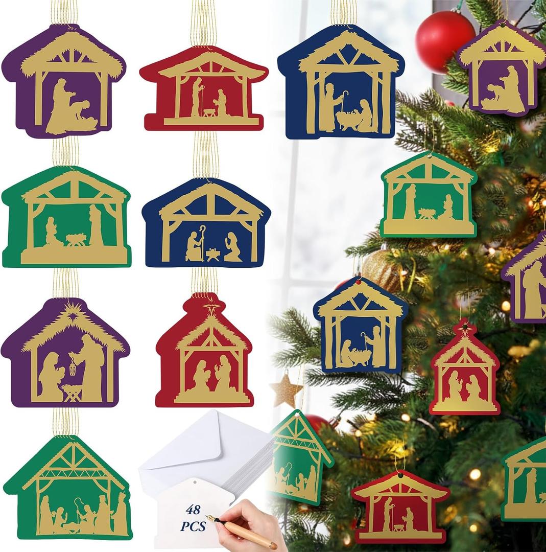 48 Set Mini Nativity Scene Religious Christmas Cards Bulk with Envelopes and Hanging Rope Unique Shaped Xmas Tree Ornament Greeting Cards Decoration for Christmas Holiday Party Supplies
