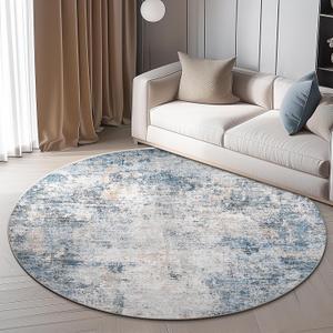 jinchan Round Rug 7ft Modern Area Rug 7' Round Circle Mat Washable Abstract Distressed Floor Cover Blue Multi Contemporary Non-Slip Overdyed Thin Carpet for Living Room Dining Room Bedroom Kitchen