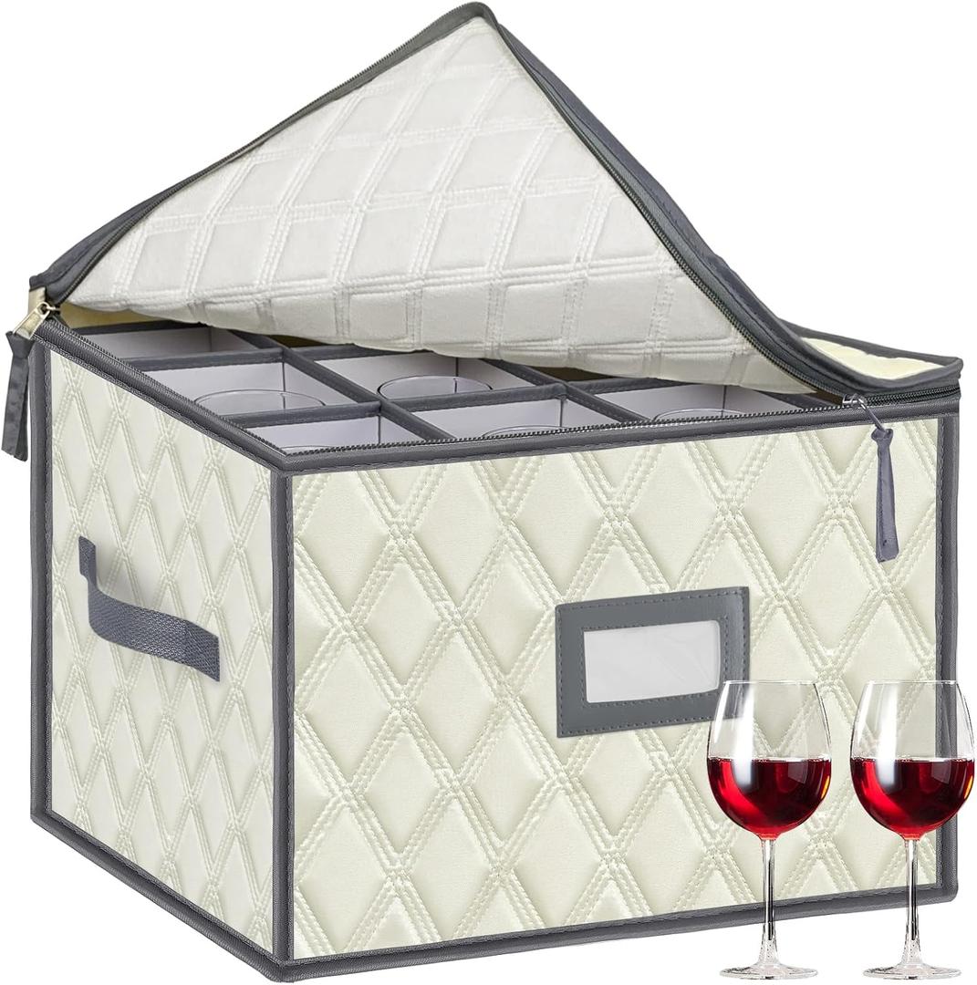 VERONLY Christmas Stemware Storage Cases with Dividers- Holds 12 Wine Glass Storage or Crystal Glassware Containers, China Storage Containers with 2 Handles and Label Window -Set of 1 Beige