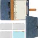 FYY Leather A6 Refillable Notebook - 6 Ring Binder with Pockets, Dividers and Refill Paper - Portable Travel Binder Journal Cover in Navy Pu leather (A-navy)