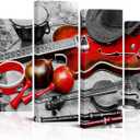 Conipit Music Instrument Wall Art Black Red Guitar Canvas Art Violin Pictures Western Musical Artwork Prints Framed 4 Panels