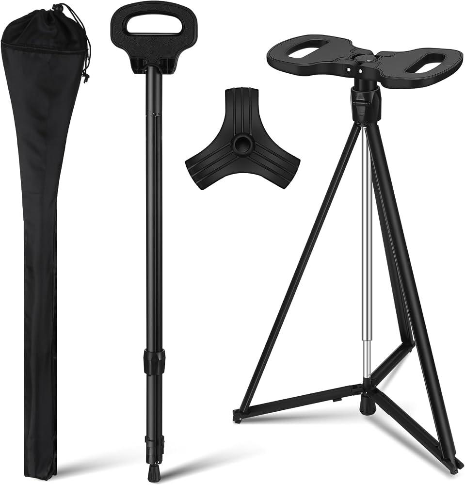 Adjustable Cane with Seat Folding Lightweight, Portable Cane Chair for Adults & Seniors, Walking Stick with Seat for Travel Hiking, with Cushion Carry Bag