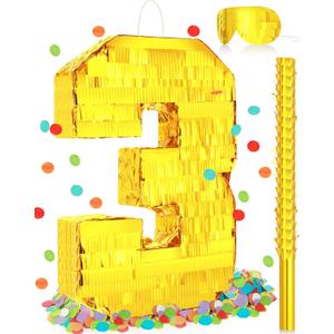 Sratte Piata Birthday Party Decorations Gold Foil Piata with Stick Blindfold Confetti for Boy Girl Birthday Anniversary Celebrations Fiesta Supplies(Number 3)