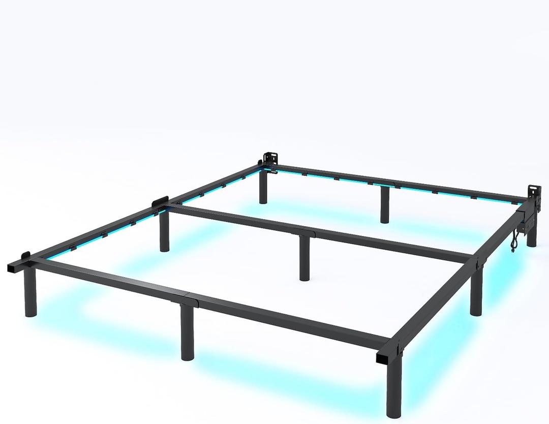 QEROMY Full Bed Frame for Box Spring, 7 Inch Metal Bed Frame with LED Lights, 9-Legs Support Bed Base, Tool-Free Easy Assembly