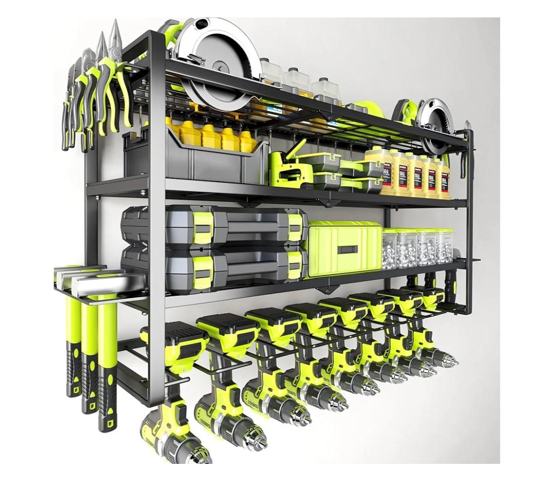 Large Power Tool Organizer Wall Mount, Garage Storage Cordless Tool Organizer with Screwdriver Holder, Heavy Duty Metal Storage Rack with 8 Drill Holder 4 Layer, Gifts for Men Who Have Everything