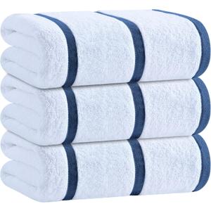 White Classic Cotton Pool Towels Oversized 35 x 70 Inches, Ultra Absorbent and Low Lint Striped Beach Towels for Adults, Stripes Design Luxury Extra Large Bath Towels, Navy Blue, 3 Pack