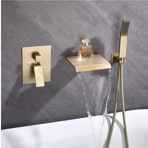Waterfall Shower Bathtub Faucet Set with Sprayer, Wall Mount Tub Spout with Handheld Shower Head Single Handle Shower Tub Faucet Set Brushed Gold