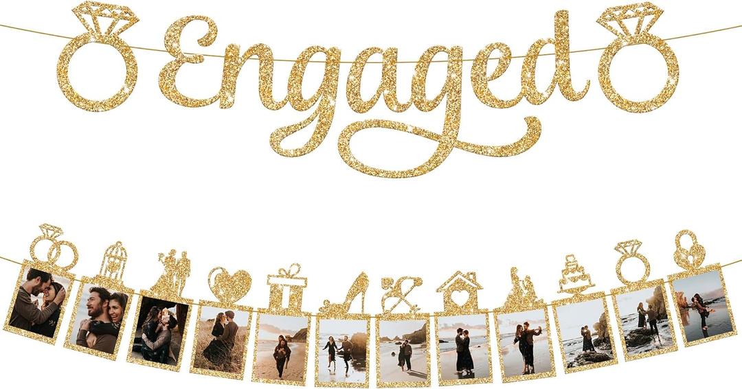 KatchOn, Gold Glitter Engaged Photo Banner - 2 String, 10 Feet, No DIY | Gold Engagement Party Decorations | Engagement Photo Banner for Bachelorette Party Decorations | She Said Yes Decorations