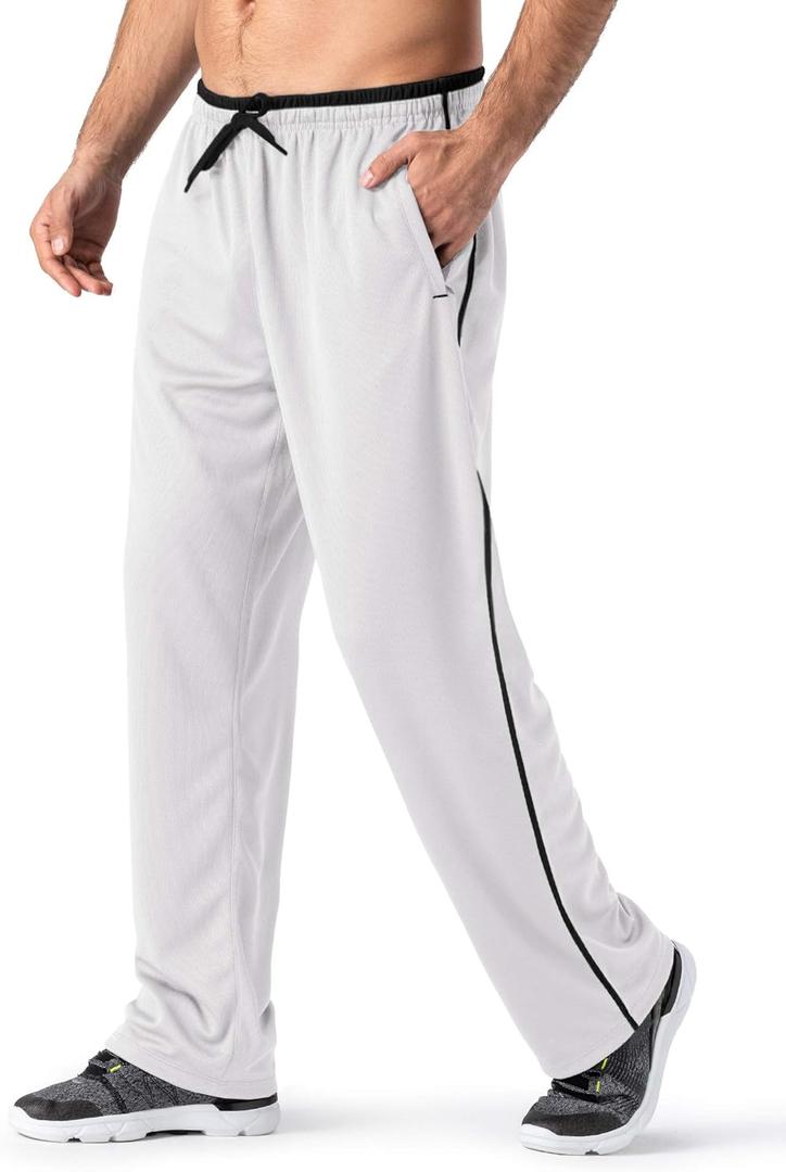 MAGNIVIT Men's Lightweight Sweatpants Loose Fit Open Bottom Mesh Athletic Pants with Zipper Pockets (Large, White Black)