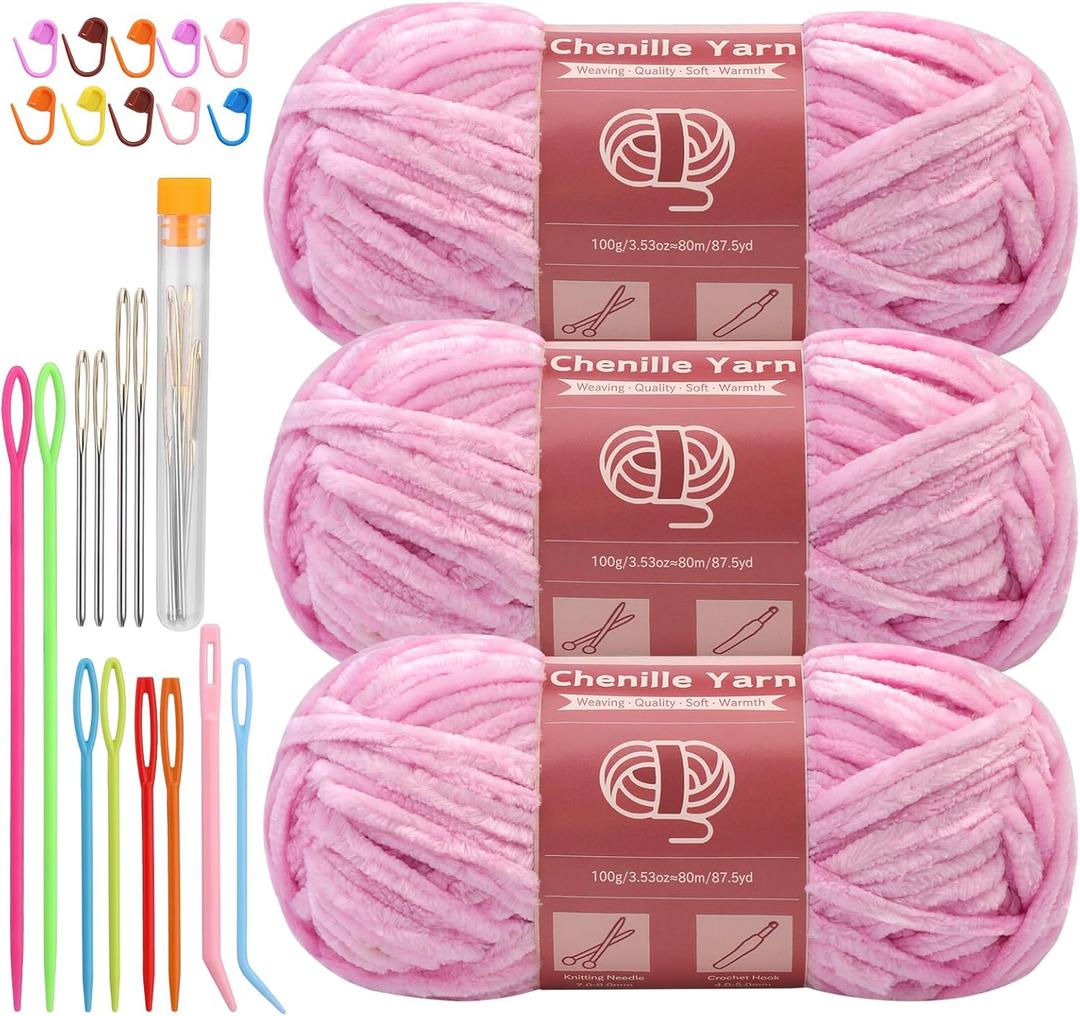 LUNARM Chenille Yarn for Crocheting Knitting, 3 Pack of 100g/3.5oz Velvet Yarn Thick Soft Chunky Fluffy Weaving Plush for Blankets Clothes Pattern Creations 263 Yard with Big Eye Needles (Light Pink) (Solid Color)