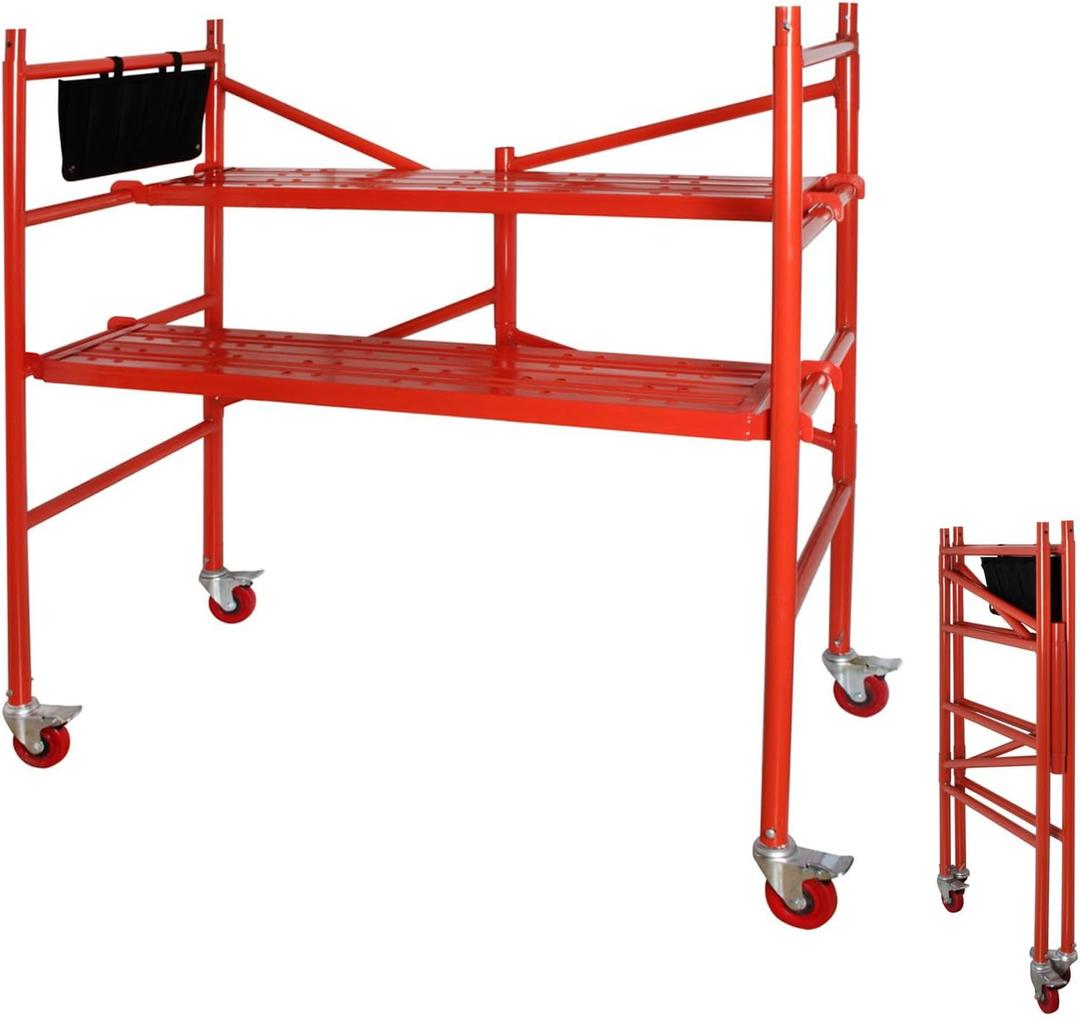 LEADALLWAY Scaffolding Platform 4 Foot High Mobile Baker Scaffolding 770 LBS Capacity with Locking Wheels and Tool Bag, Red