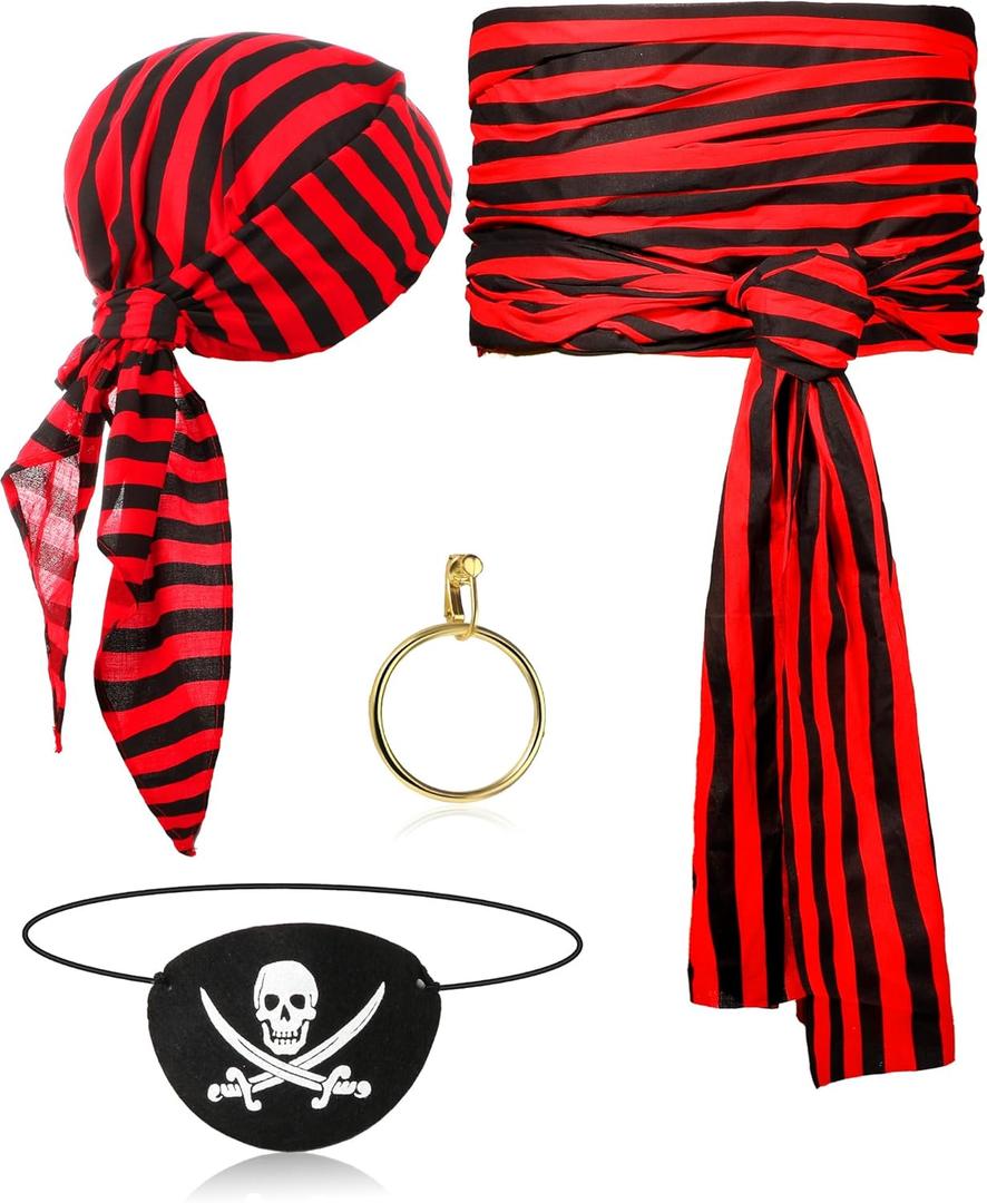 5 Pcs Captain Pirate Costume Accessories Set Pirate Eye Patch Large Sash Headband Necklace Earring for Women Men (Black and Red)