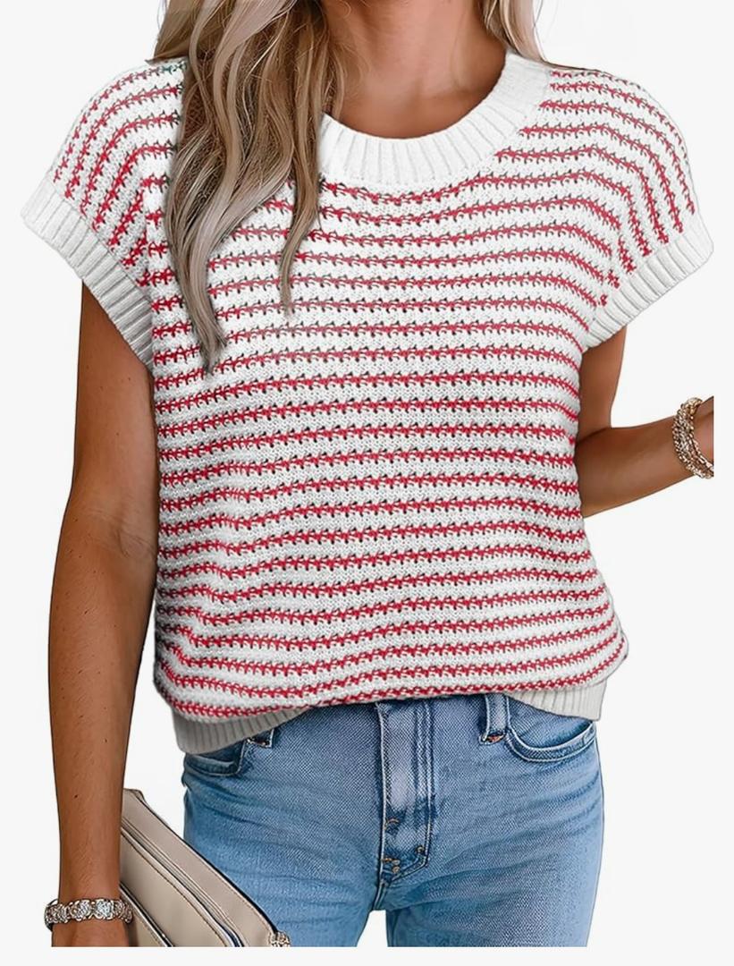 EVALESS Women's Sweater Vest Striped Pullover Tank Top Round Neck Cap Sleeve Lightweight 2025 Summer Casual Clothes M