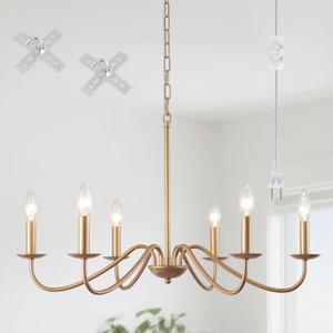 6-Light Gold Chandelier, Farmhouse Dining Room Light Fixtures, Hanging Light Plug In Chandelier Lighting with Long Cord, 28'' Rustic Candle Chandeliers for Bedroom Living Room Foyer Entryway Kitchen