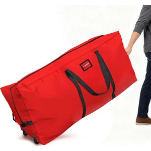 GVDV Rolling Christmas Tree Storage Bag Fits 7.5 Ft Artificial Trees, 600D Oxford Waterproof Heavy Duty Canvas, Large Holiday Xmas Box Container with Wheels, Reinforced Handles & ID Slot, Red