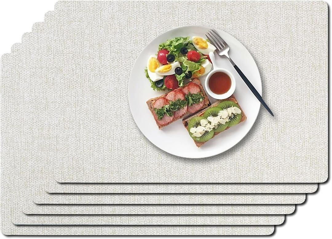 Vinyl Placemats Set of 6-1217.7 Inch Waterproof & Heattable Placemats, Fall Faux Leather Wipeable Outdoor Table Mat for Dining, Kitchen, Indoor Outdoor Use (Beige, Wood Grain)