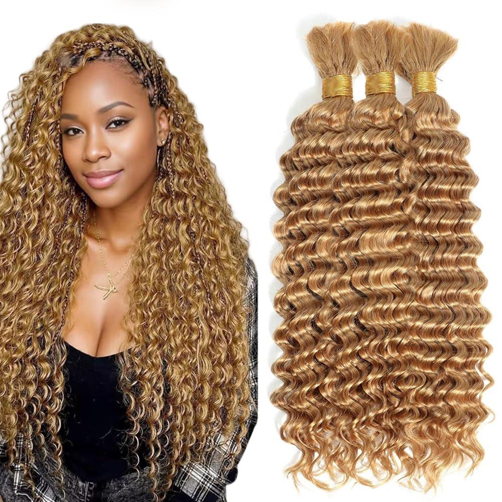 30 30 30 Inch Honey Blonde Human Braiding Hair for Boho Braids Blonde Boho Hair For Braiding Deep Wave Knotless Bulk Bohemian Color #27 Braids 150g