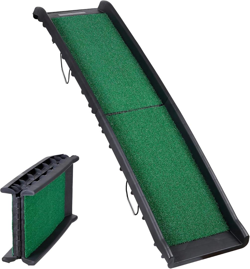 Folding Dog Ramp for Car Truck SUV 61 Inches Portable Pet Ramp with Grass Padded for Large Dogs Non Slip with Raised Siderails