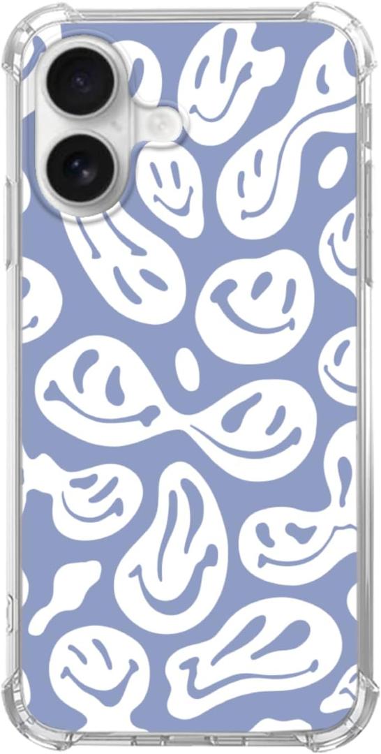 Blue White Trippy Smile Face Phone Case for iPhone 16, Cute Funny Melted Face Case for Girls for iPhone 16,Unique Trendy TPU Bumper Case