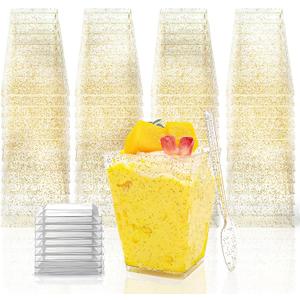 180 Pack Gold Glitter Dessert Cups with Lids and Spoons 5Oz Plastic Square Yogurt Parfait Appetier Cups for Party Disposable Small Dessert Shooter for Ice CreamFruit and Pudding