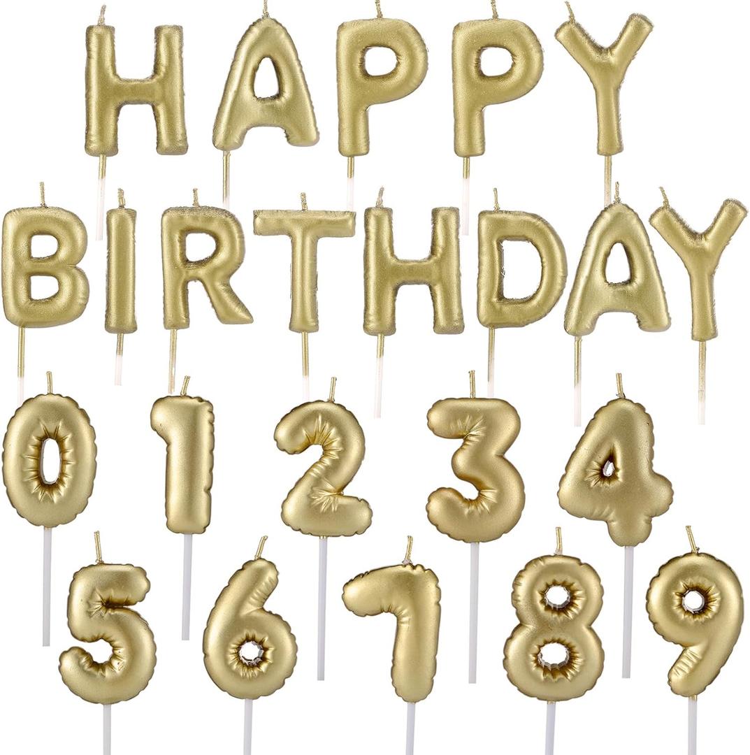 MTLEE 23 Pcs Happy Birthday Balloon Candles Cake Topper Letters Numeral Cake Candles for Birthday Decoration Party Supplies, Gold