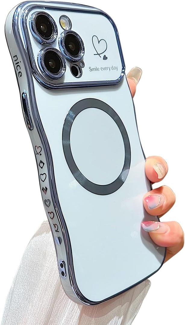 ZONRW for iPhone 15 Pro Max Case Magnetic,for Women Girls Soft Cute Wave Frame Curly Shape Love Heart Luxury Plating Phone Case Compatible with MagSafe Shockproof Back Cover 6.7"-Blue