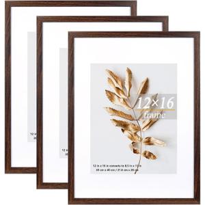 Set of 3 12x16 Picture Frame Brown can Display 8.5x11 Picture with Mat or 12x16 Without Mat on the Wall