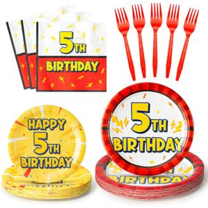 96PCS Cartoon Lighting Bolts Birthday Decorations Serve 24 Guest | Red White Yellow Lighting Bolts Happy 5th Tableware Supplies Cartoon Plates Napkins Forks for Birthday Party Table Decoration