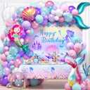 Winrayk Little Mermaid Party Decorations Birthday Supplies Girls, Pink Purple Balloon Arch kit, Backdrop, Tablecloth, Bobo & Tail Shell & Printed Balloons, Princess Theme Mermaid Birthday Decorations