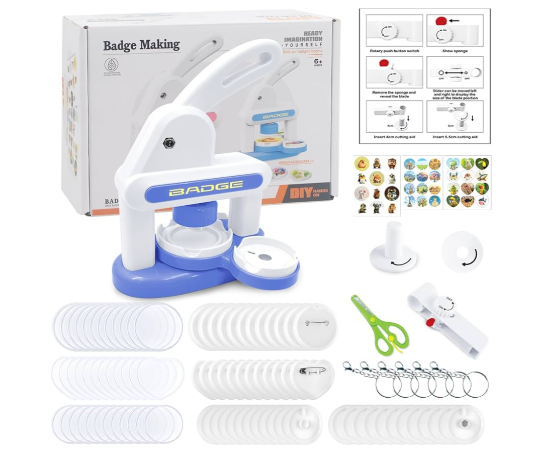 Lymoc Badge Maker Machine with 3 Pins Sharp,Upgrade Button Maker Artist DIY Pin Maker Press Machine Badge Punch Kit with 86 pcs Button Parts Circle Cutter Present Installation-Free,Blue