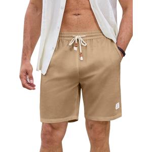 JMIERR Mens Shorts Linen Cotton 7" Casual Elastic Waist Drawstring Lightweight Summer Beach Shorts with Pockets (Beige)