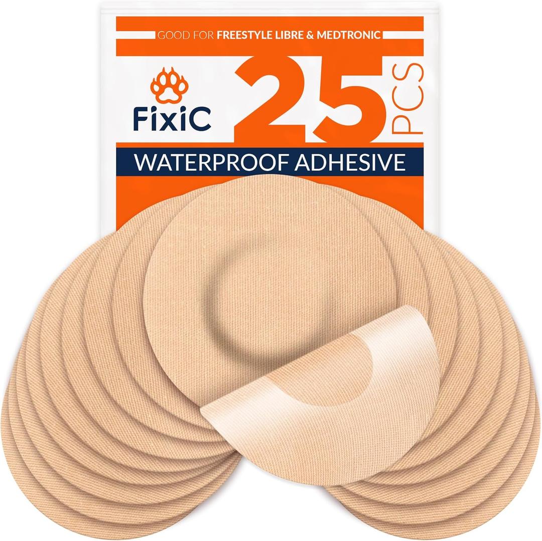 Fixic Freestyle Adhesive Patch 25 PCS Good for Libre 1, 2, 3 & Plus Enlite Guardian NO Glue in The Center of The Patch Pre-Cut Back Paper Long Fixation for Your Sensor (Tan)