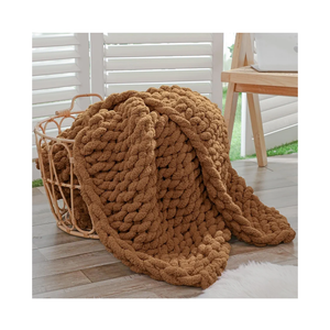 igacogo Chunky Knit Throw Blanket for Couch, 40x60 inches, 100% Hand Knitted with Thick Jumbo Chenille Yarn, Cozy Soft Large Rope Knot Cable Crochet Blankets for Sofa Bed Living Room, Caramel