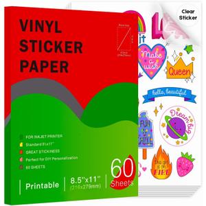 60 Sheets Printable Clear Vinyl Sticker Paper for Inkjet Printers, Transparent Paper of 8.5x11"DIY Personalized Self-adhesive Paper That Is Tear Resistant, Waterproof Labels, Easy to Cut