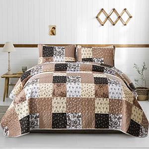 Mybedsoul Brown Patchwork Quilt Set California King Size,3 Pieces Khaki Floral Plaid Reversible Bedspread Coverlet Set for All Season,Summer Soft Microfiber Bedding Set 96"x 106"