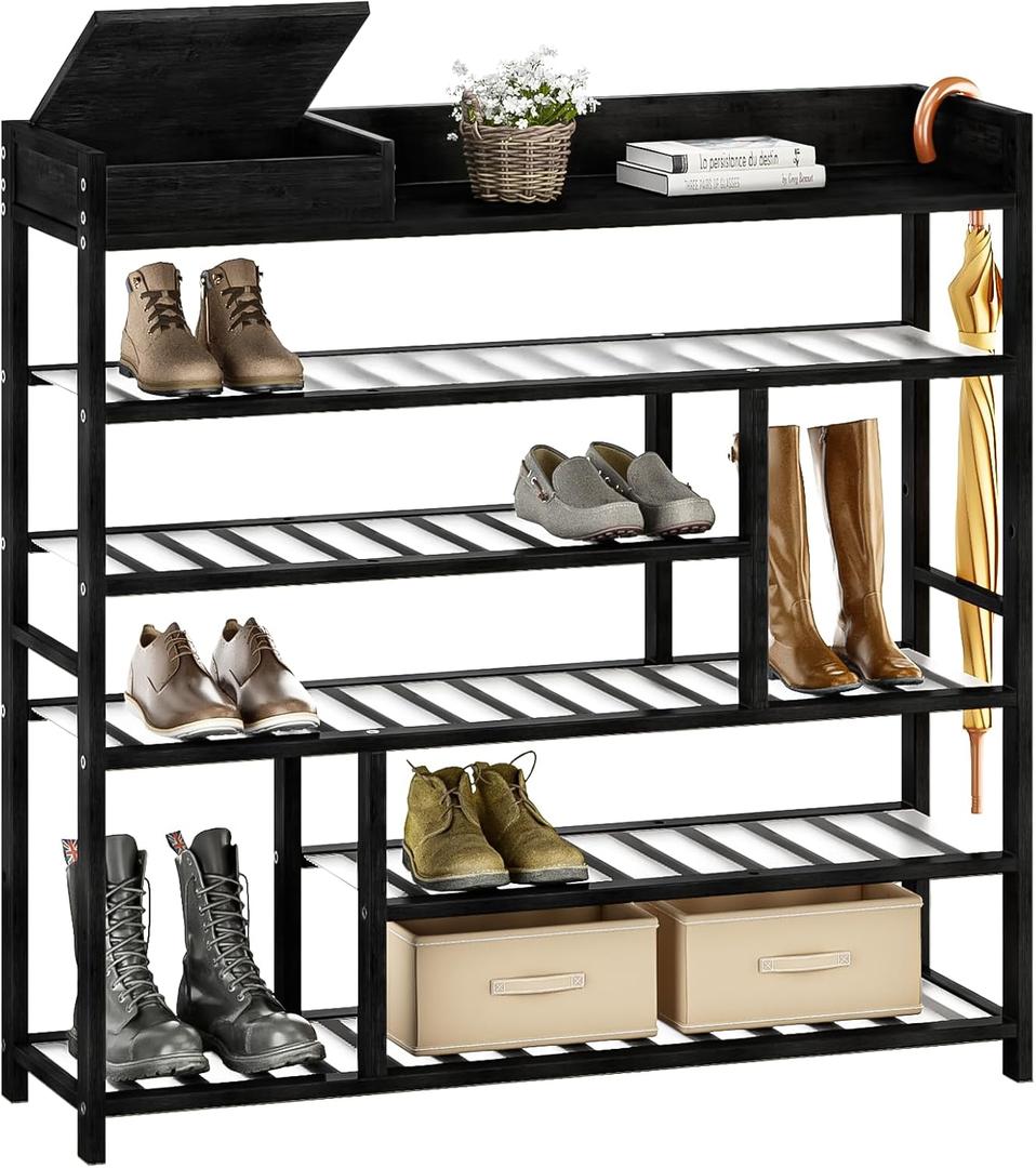 Large Bamboo Shoe Rack with Dust-Proof Pads Spacious 6-Tier Shoe Storage Organizer with Boot Rack and Storage Box Convenient Shoe Rack Shelf for Entryway Closet Black