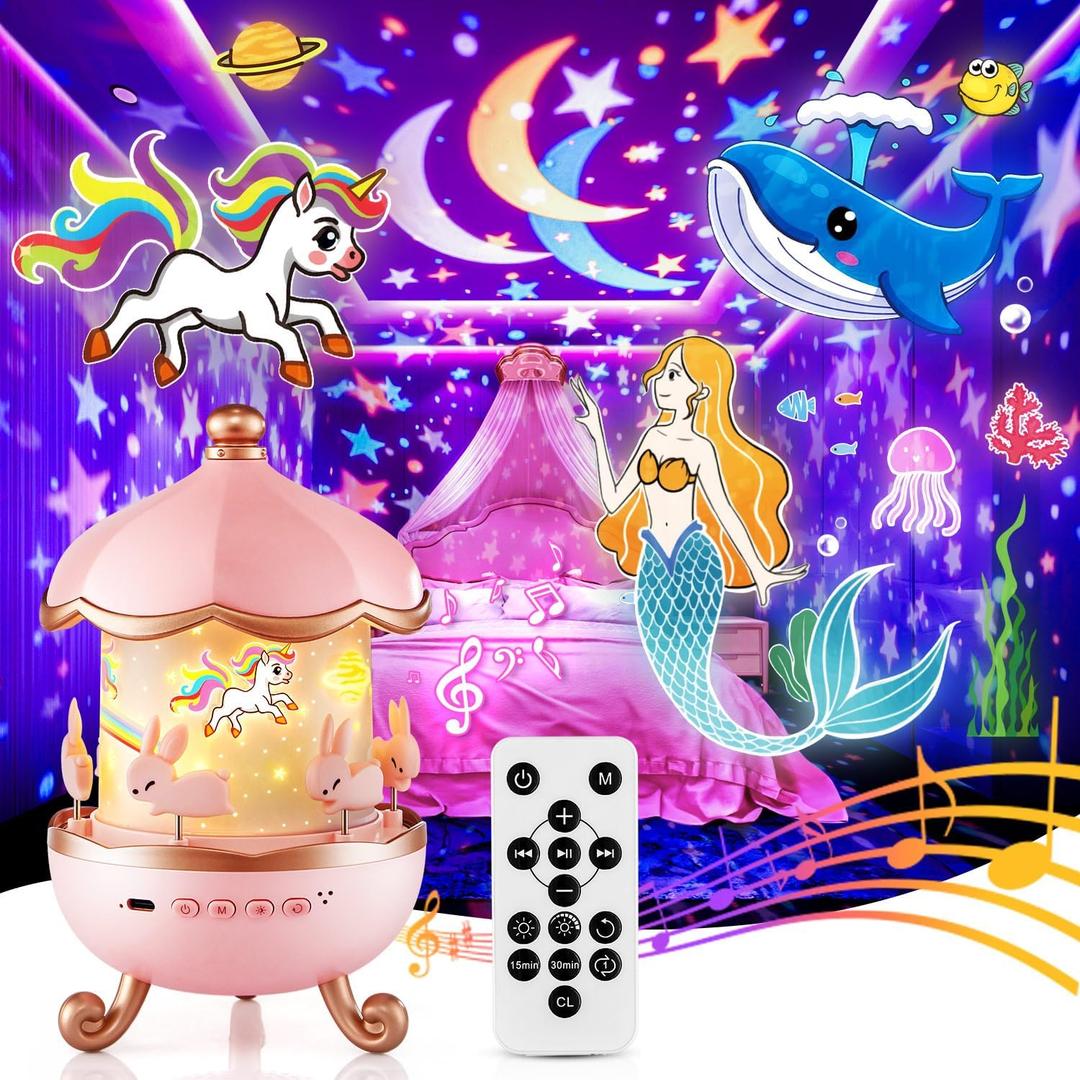 One Fire Night Light Projector for Kids,315 Lighting+15 Films+15 Music Baby Sound Machine,360Rotate+Remote+Dimmable Ceiling Star Projector for Kids Room Decor,Unicorn Toys Birthday Gifts for Girls (Pink)