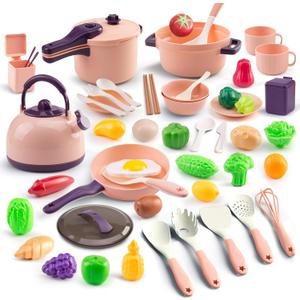56Pcs Mini Play Kitchen Accessories for Kids, Pretend Cooking Playset with Cookware, Tableware & 2 Fruit Sets, Learning Gift for Girls, Boys, Toddlers, Pink